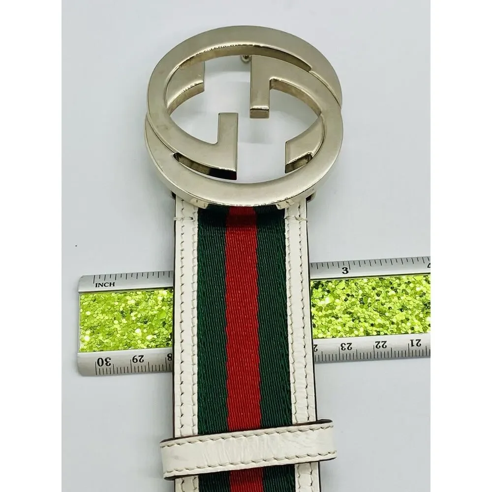 Gucci Belt White Green Red Stripe Interlocking GG Buckle Size 95cm 38 (Fits 36)